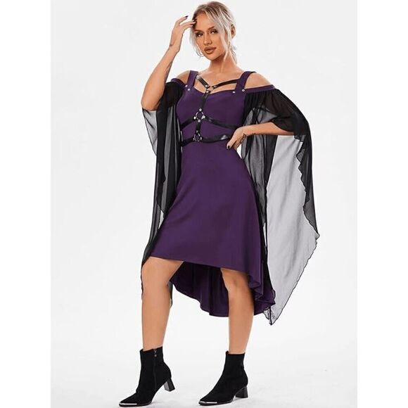 💜 Goth Harness Cold Shoulder Butterfly Sleeves Cosplay Purple Dress SIZE 6 NWT - Picture 5 of 16